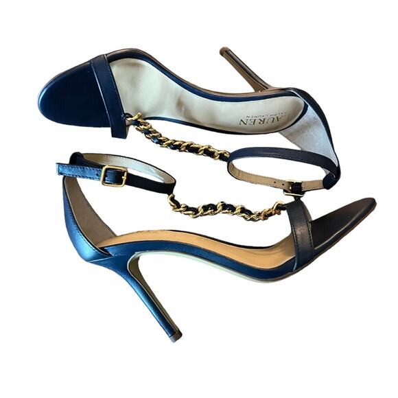 Lauren Ralph Lauren Kate T-Strap Chain Leather Dress Sandals Navy  NEW Size 6 - Picture 5 of 8